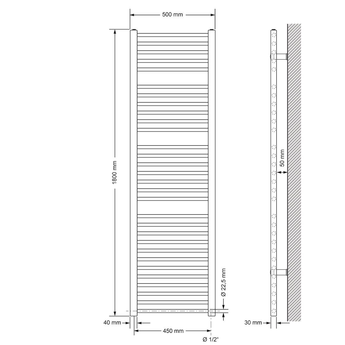 ECD Germany Sahara badkamerradiator - 500 x 1800 mm - Antraciet - recht met zijaansluiting - radiator handdoekwarmer handdoekdroger