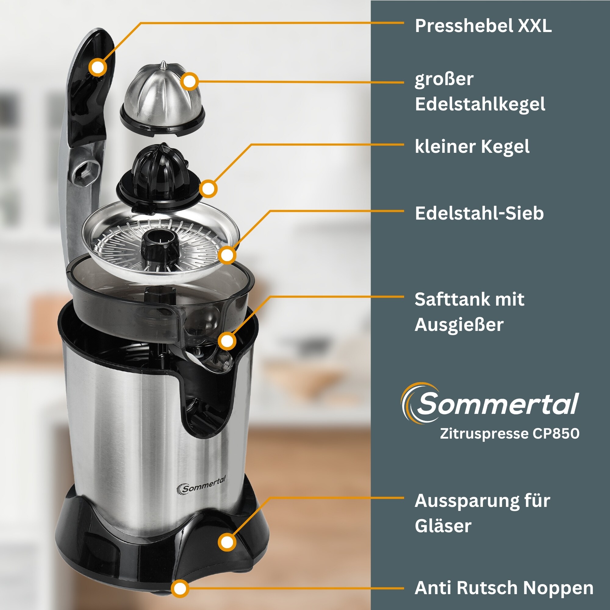 Sommertal Zitruspresse CP850 elektrische Saftpresse inkl. 2 Presskegel, manuelle Handpresse, Orangenpresse Zitronenpresse aus Edelstahl, Juicer Entsafter mit starkem 850W Motor