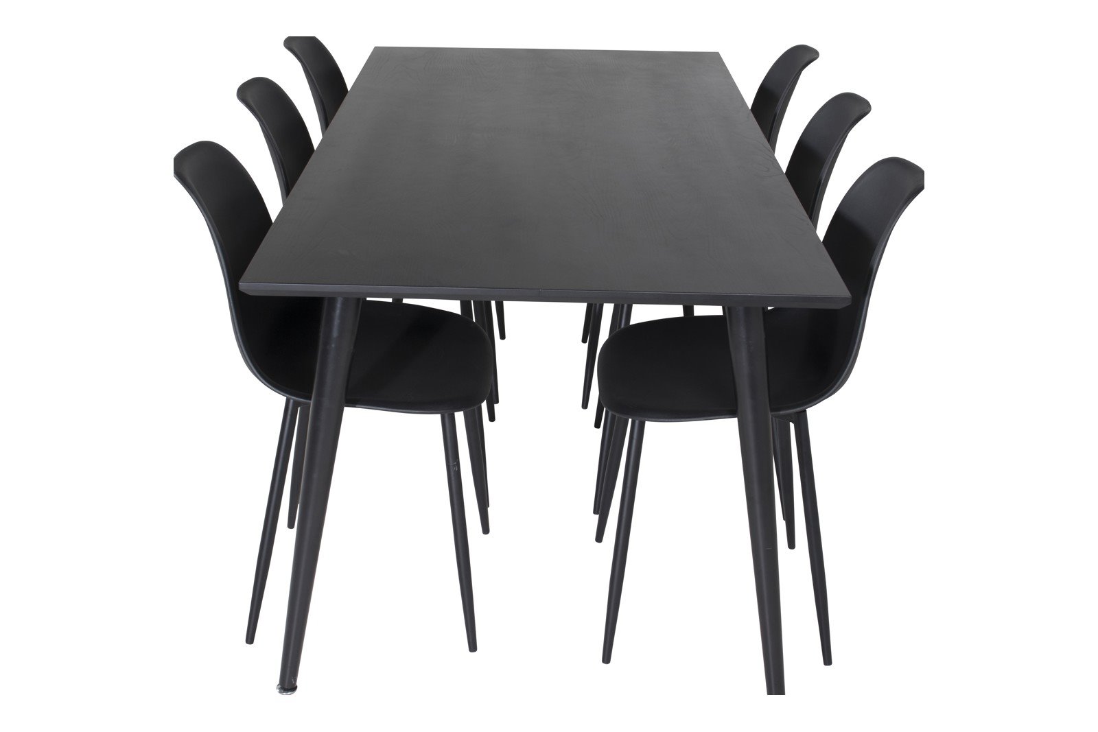 Dipp og Polar Spisegruppe Dipp spisebord i sort finér med 6 stk. Polar spisestoler i Sort og sorte ben.