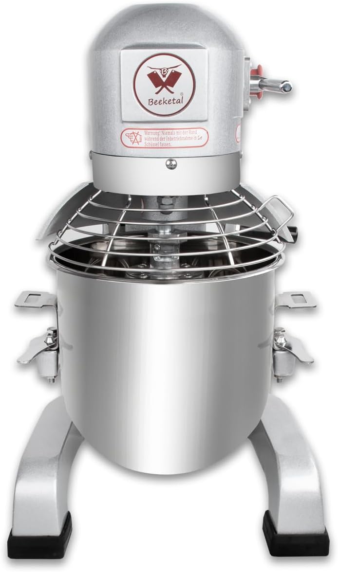 Beeketal 'BSM10P' Profi Teigknetmaschine mit Planetenrührwerk 10 Liter Kapazität (3 Stufen 105, 170, 340 U/min), Knetmaschine inkl. Knethaken, Schneebesen und Flachrührer - silber lackiert