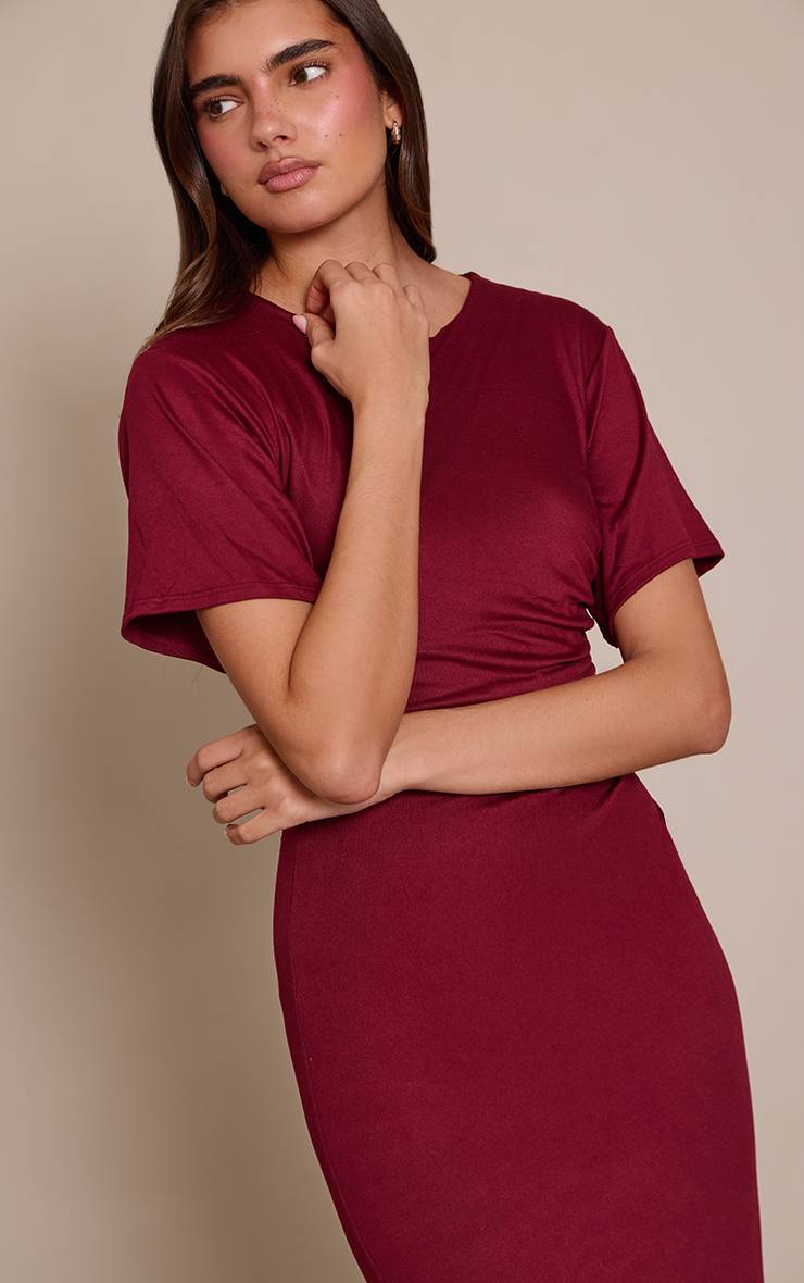 Rouge Bordeaux Robe Maxi En Jersey À Manches Courtes Et Col Bateau