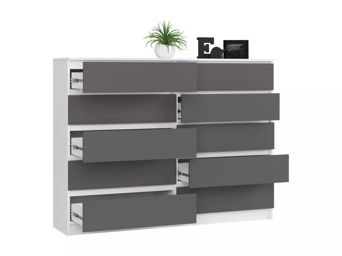 Grande Commode pour le salon AKORD K160 Blanche 160 cm 10 tiroirs façade Gris Graphite 160x40x121 cm
