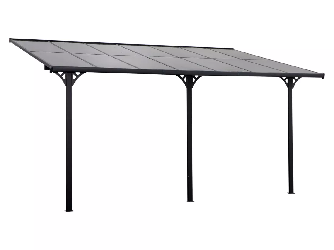 Pergola rigide alu. polycarbonate dim. 4,35L x 3l x 2,7H m pavillon de jardin adossable gris
