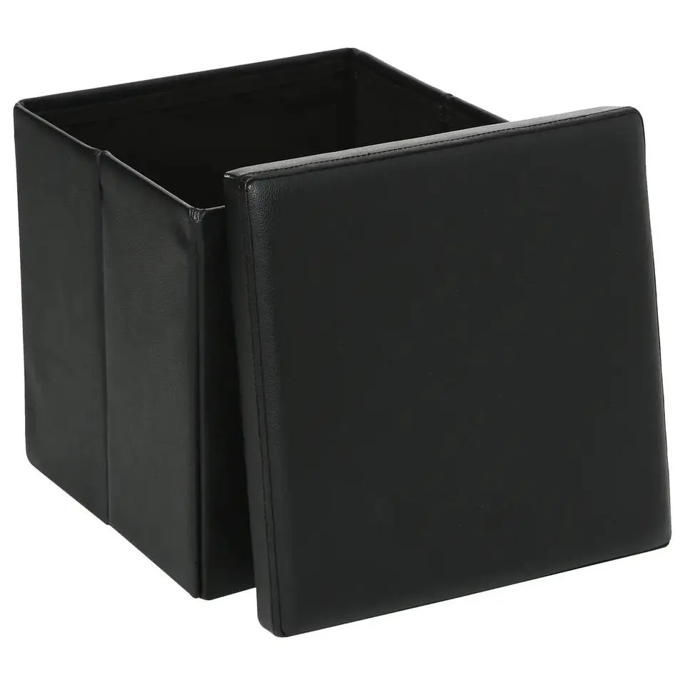 Atmosphera Poef/Hocker - opbergbox - zwart - pvc/mdf - 38 x 38 cm