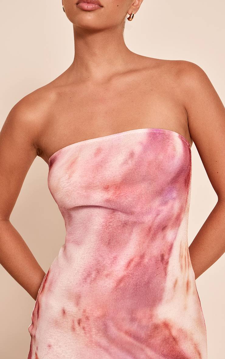 Rose Robe Courte Bandeau En Tissu Plissé À Imprimé Abstrait Floral