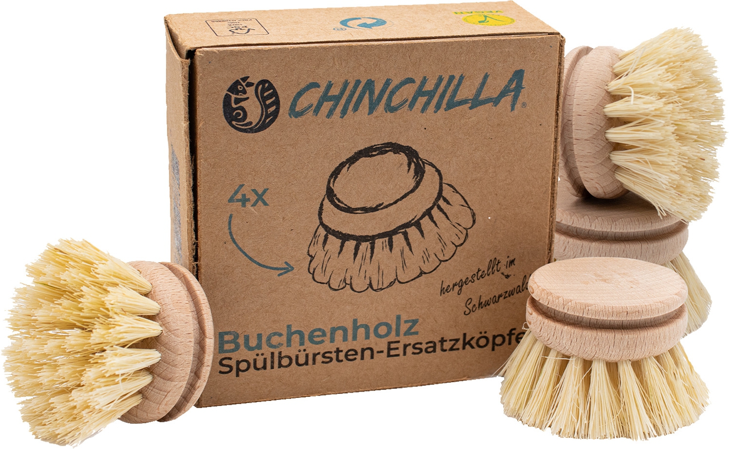 Chinchilla Wechselköpfe aus Holz für Spülbürste 4er-Set