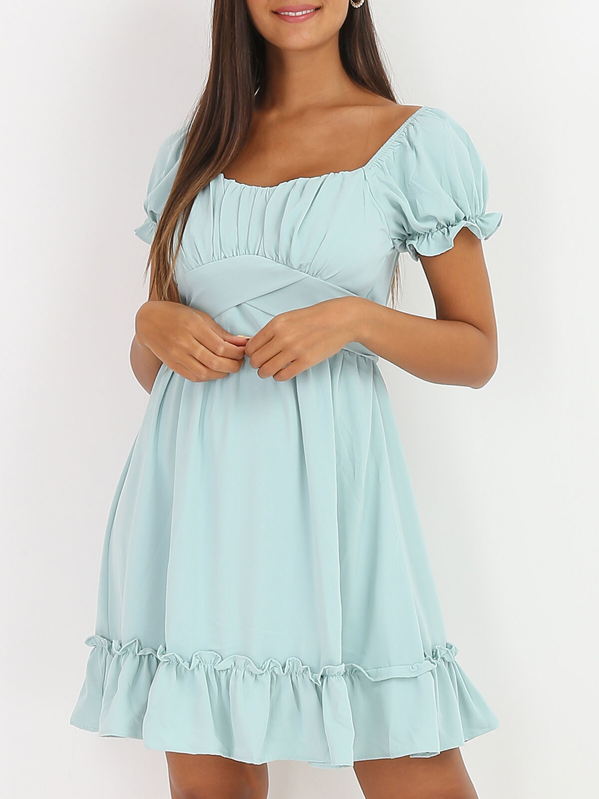 Robe à volants et col bardot- Vert clair