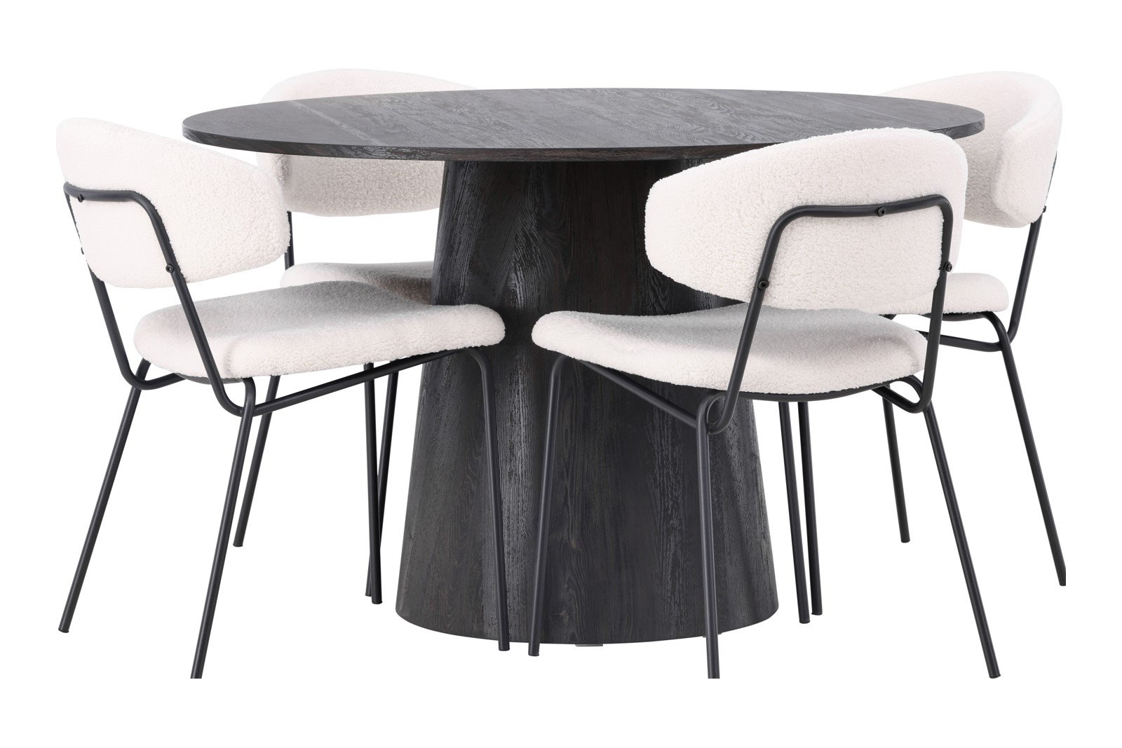 Lanzo og Chico Spisegruppe Lanzo rundt spisebord ø120cm i mocca med 4 stk. Chico spisestoler i White bouclé og sorte ben.