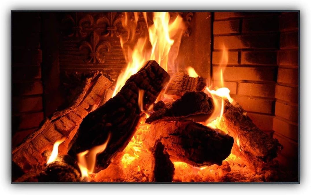 Glas Bild Infrarotheizung mit Thermostat | Kamin Feuer | viele Motive 350-1200 Watt Rahmen schwarz (600 Watt, 032 Kamin)