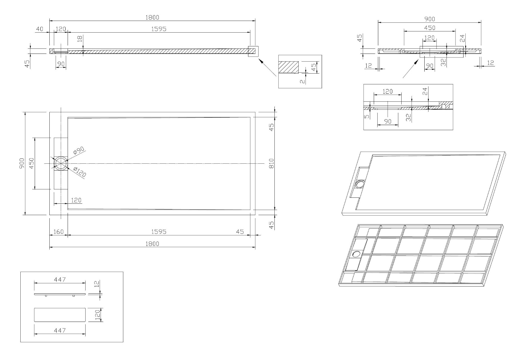 Best Design Decent solid surface douchebak mat wit 180x90x4,5cm