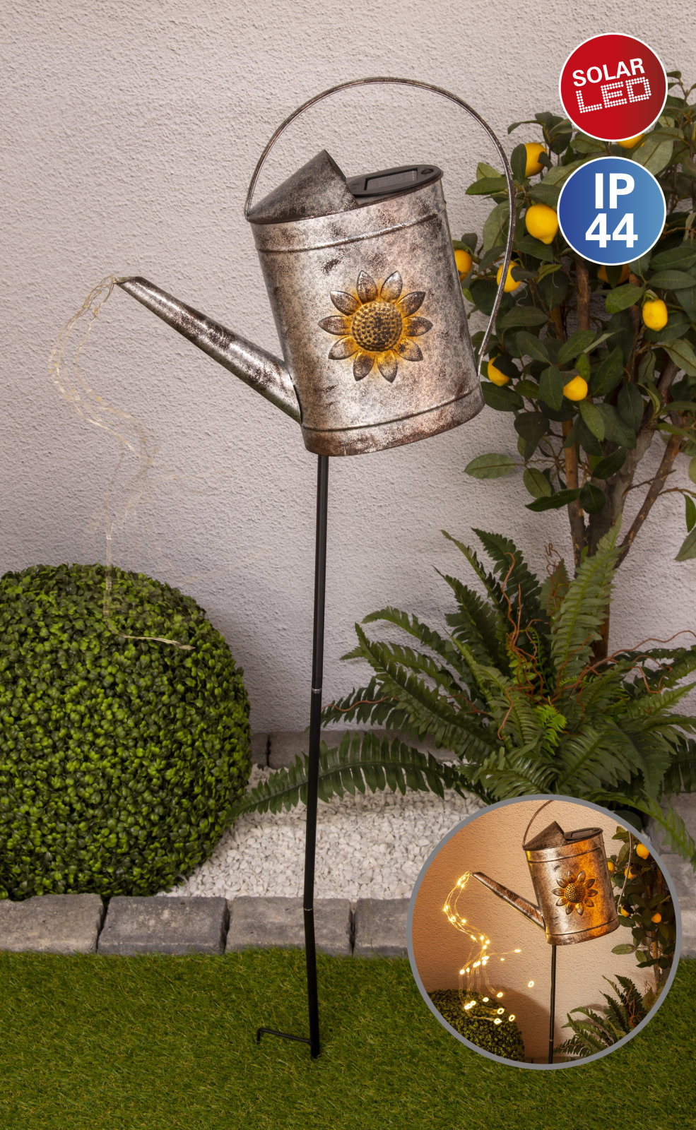 LED-Solar-Erdspieß - silber - Gießkanne - 110 cm