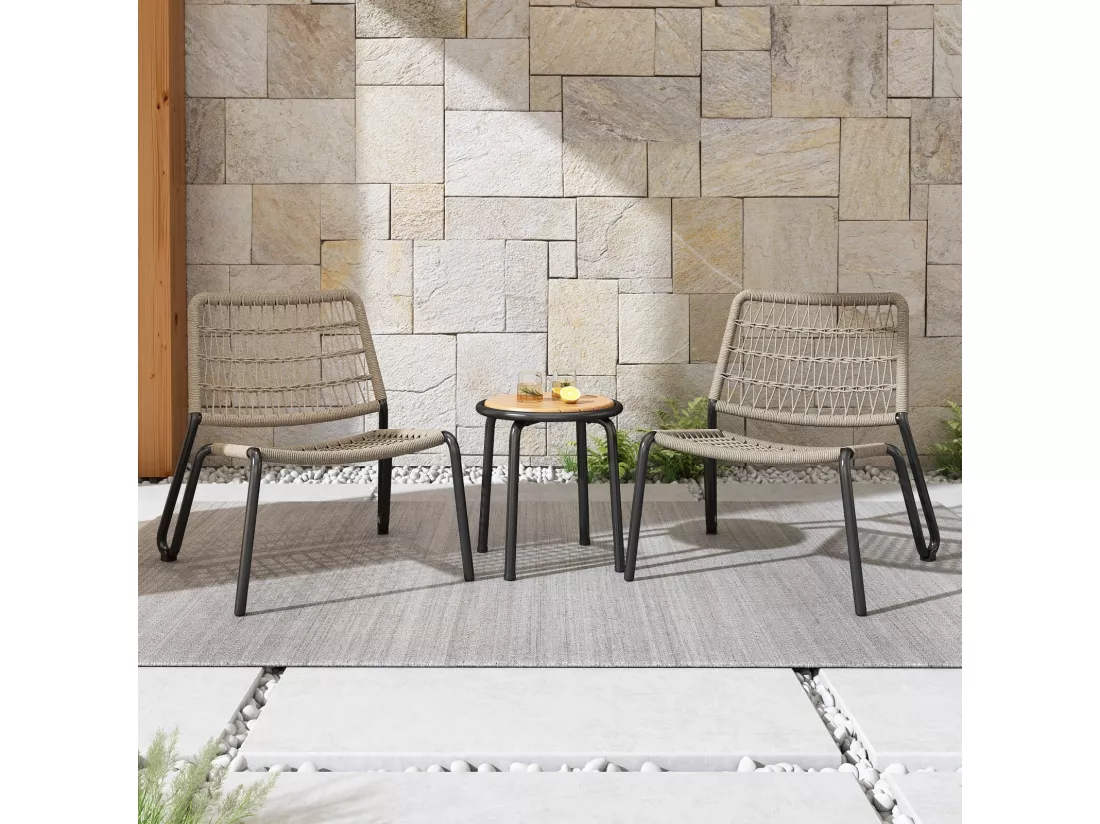 Lot de 3 salon de jardin en acier galvanisé - 2 fauteuils ergonomique et une table d'appoint ronde - charge max 160kg - Beige