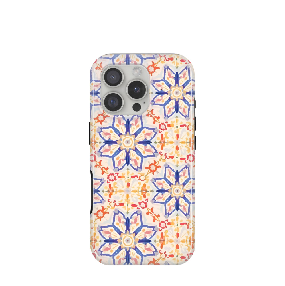 iPhone 16 Pro Hybrid (Kunststoff / Gummi) Hülle Majolika-Aquarellblüte - Blau / Gelb / Rot