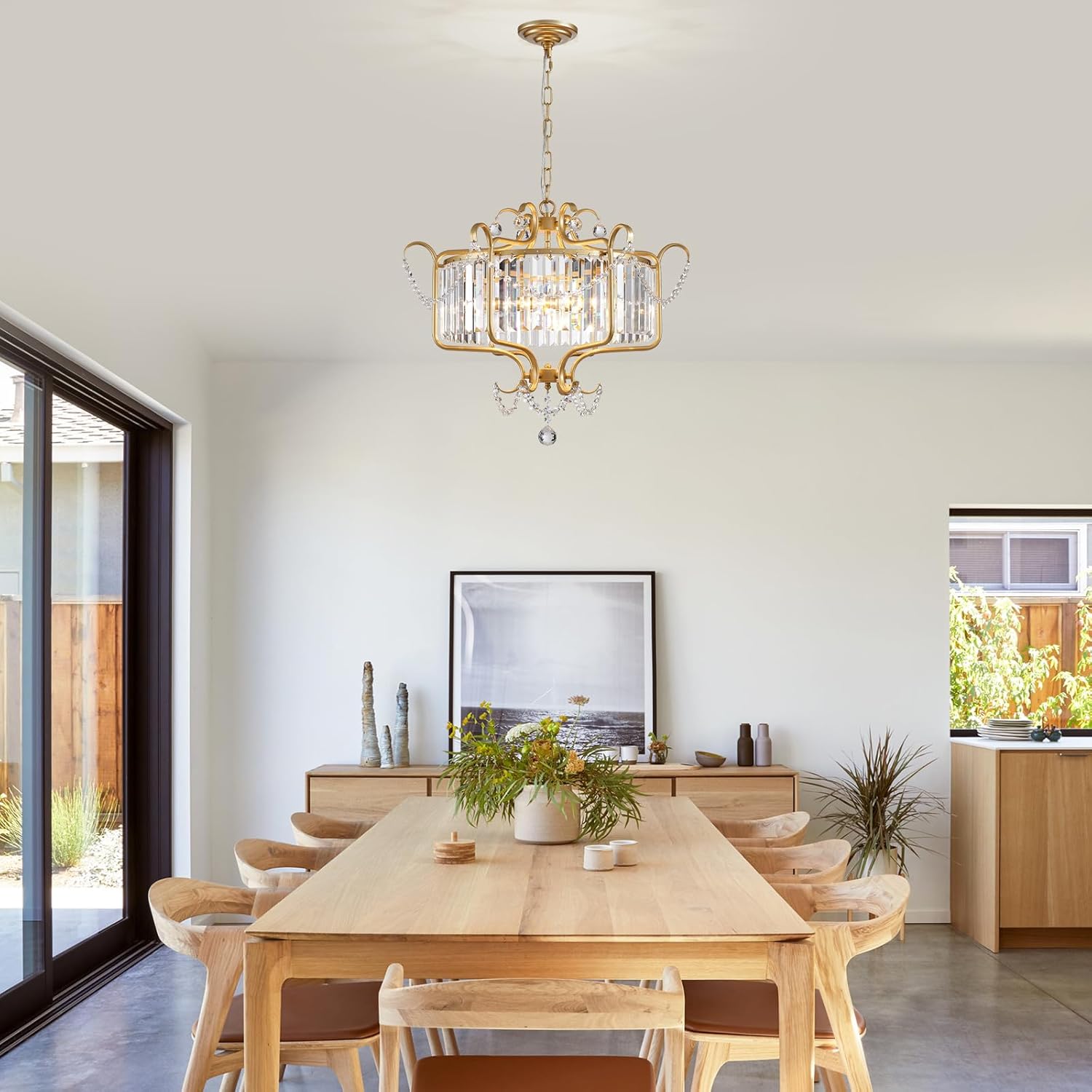 Goldene Kristall Kronleuchter, 6-Licht Moderner Rustikaler Pendelleuchte für Wohnzimmer, Schlafzimmer und Esszimmer, E14 Sockel Deckenlampe, Luxuriöse Hängeleuchte mit Rundem Schirm