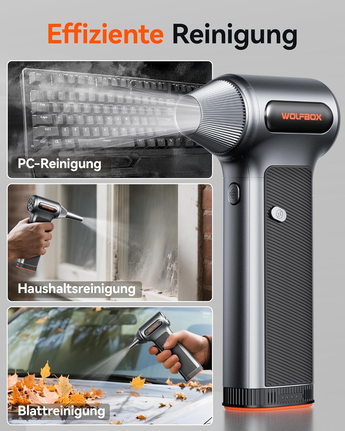 WOLFBOX MF200 Elektrisches Staubgebläse mit Akku, 3-stufiges Hochleistungs-Gebläse, langlebiger Air Duster mit 4 Düsen für PC, Auto, Haus und Outdoor