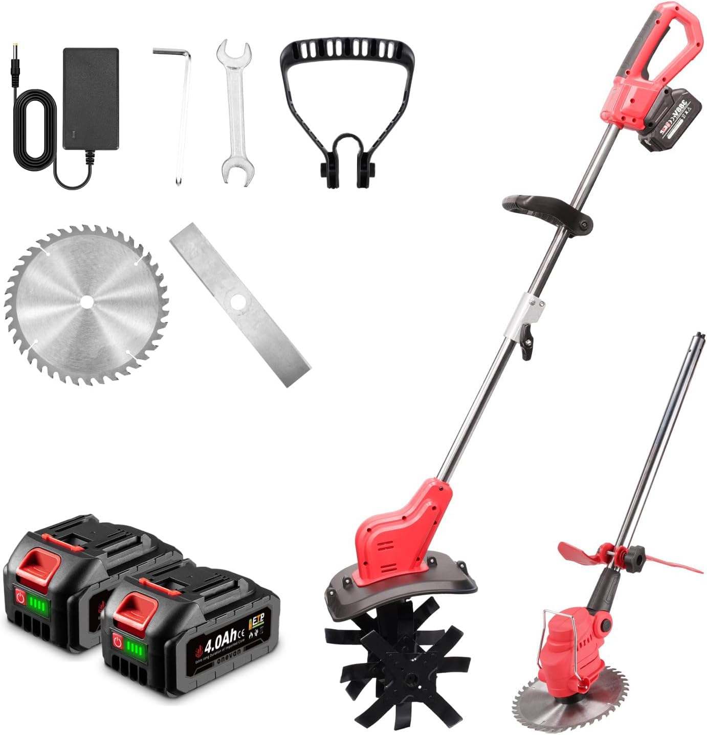ONEVAN Akku Rasentrimmer & Bodenhacke 2-in-1, Bürstenlos Rasenkantenschneider mit 2 4.0Ah Akkus, 2850W, Verstellbarer Teleskop, Elektro Motorsense inkl. Gartenfräse-Ersatzkopf & 2 8