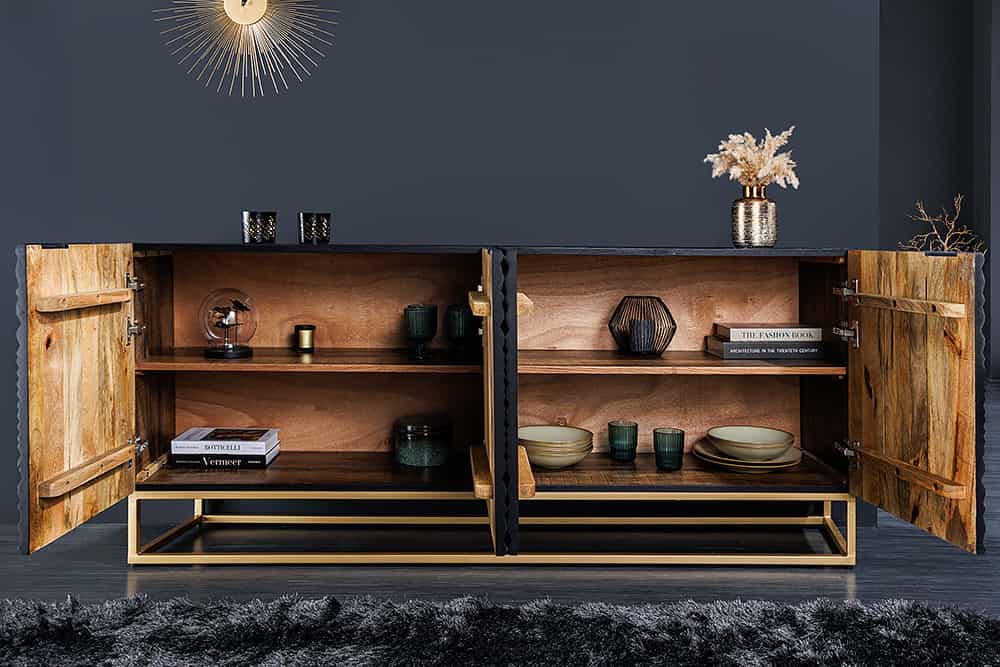 Design Sideboard ILLUSION 180cm schwarz Mangoholz Massivholz mit 3D Schnitzereien gold Eisen Metallgestell