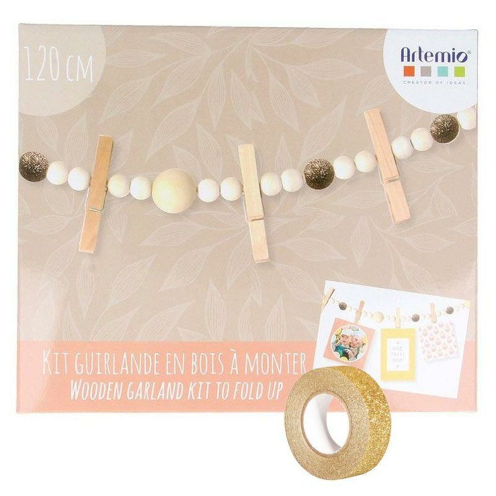 Coffret diy décorations de noël & guirlande bois + masking tape doré à paillettes 5 m