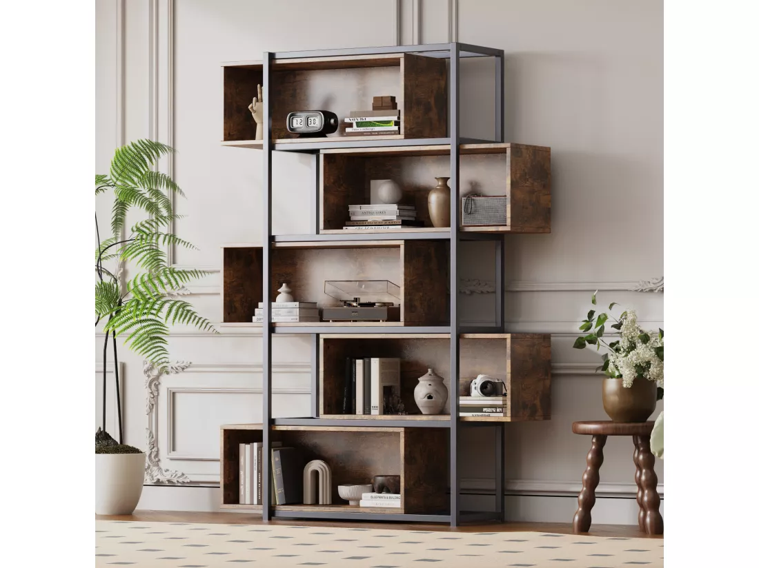Bibliothèque à 5 niveaux avec étagères - 121 x 35 x 176 cm - Bois MDF et tube acier - Marron