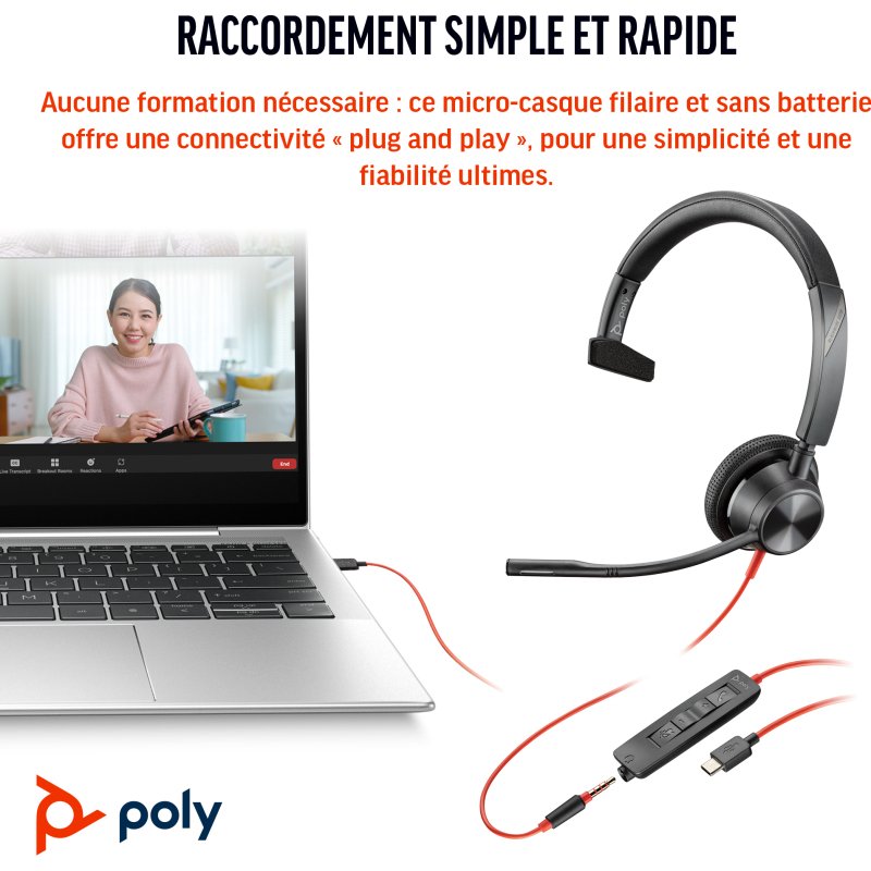 HP Poly Micro-casque Poly Blackwire 3315 monaural USB-C + connexion 3,5 mm + adaptateur USB-C/A