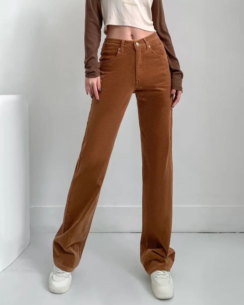 Ulark - Hoge taille effen corduroy rechte broek