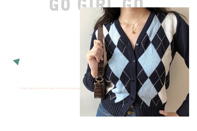 Sinora - V-hals Argyle Cropped Cardigan