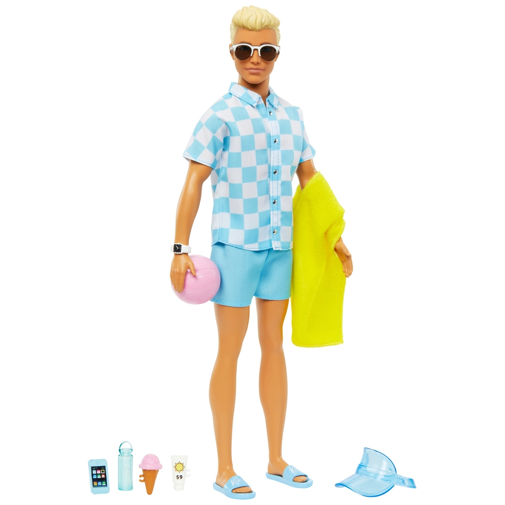 Blonde Ken-Puppe mit Badehose und Strandaccessoires
