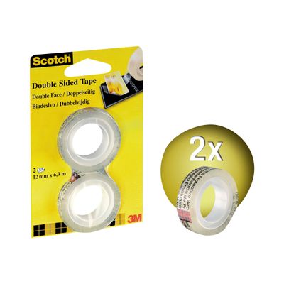 Scotch - Lot de 2 rubans adhésifs double face - 12 mm x 6,3 m - transparent