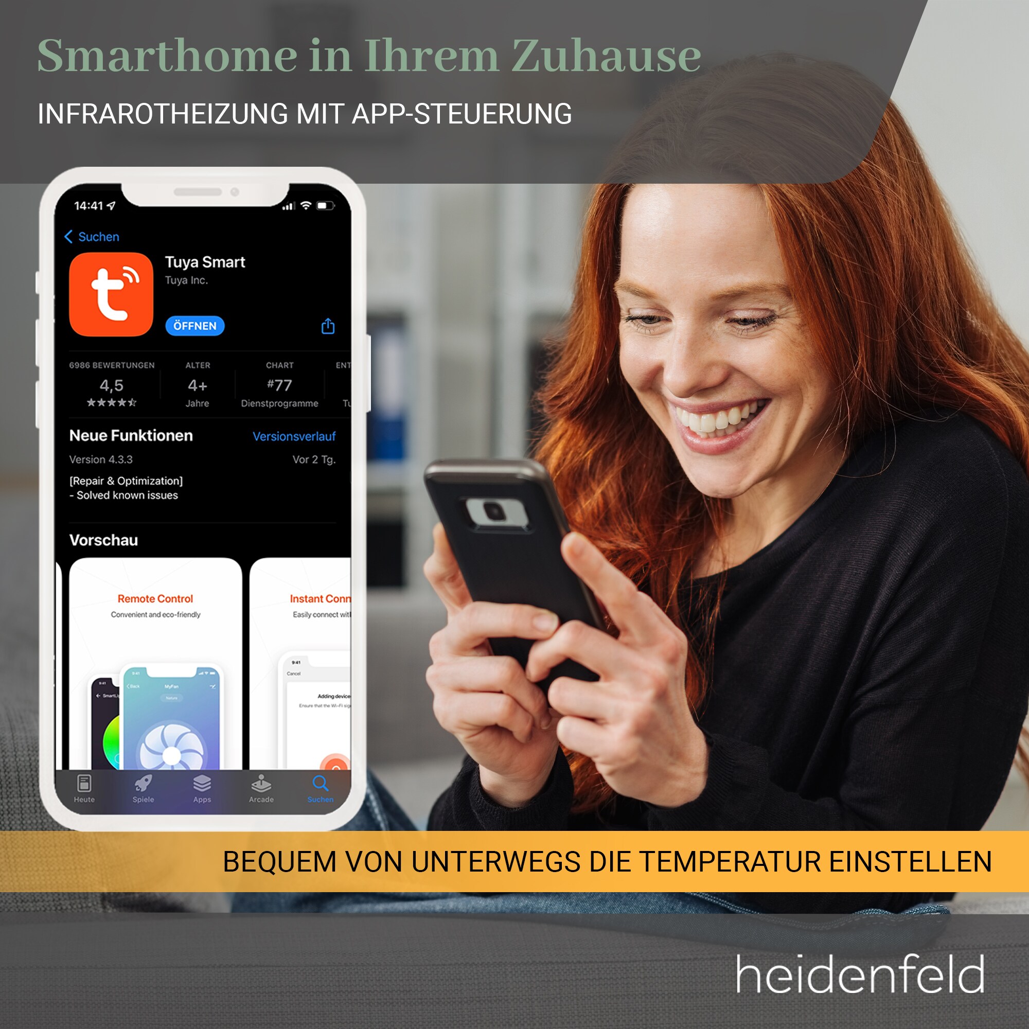 Heidenfeld Infrarotheizung HF-HP100-2, Infrarot-Heizkörper mit App, 300-1200 Watt, 10 J. Garantie (800 Watt)
