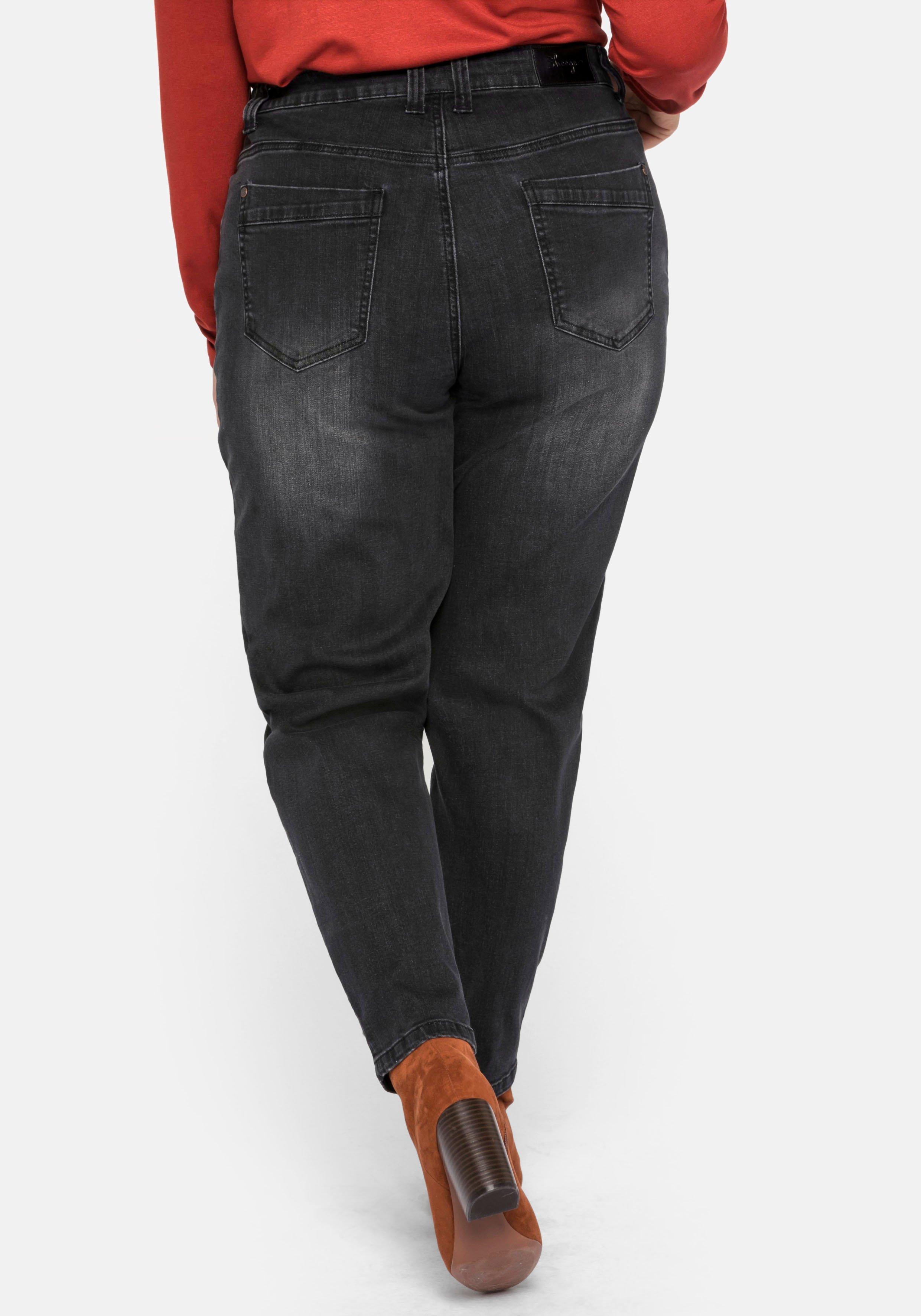 Mom-Jeans mit Destroyed-Effekten und Formbund