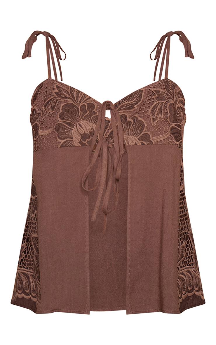 Marron Foncé Haut Coordonné À Appliqué De Dentelle Florale Avec Détails À Nouer