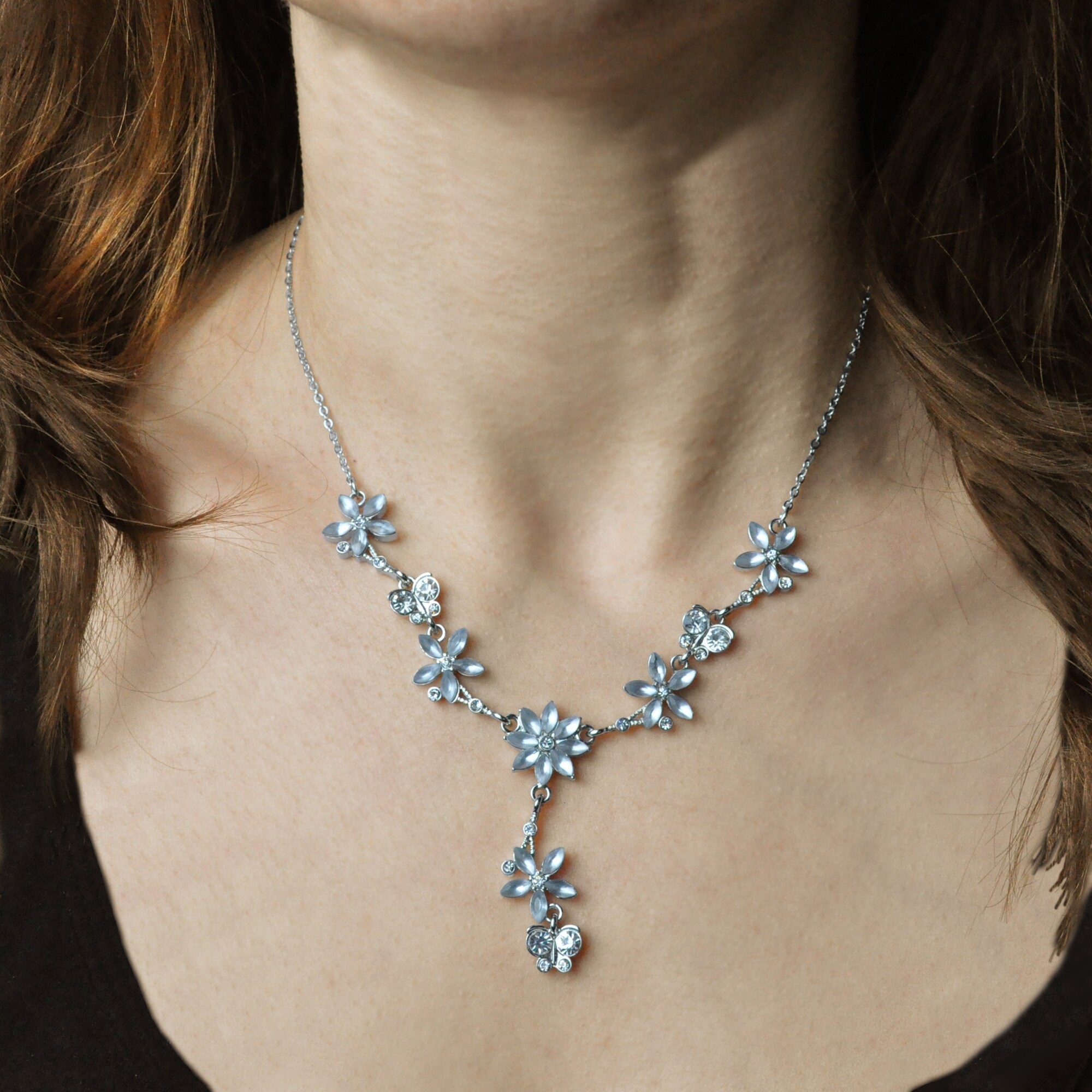Steuer Modeschmuck Collierkette Metall Y-Collier silberf. Mit Blumen und Schmetterlingen