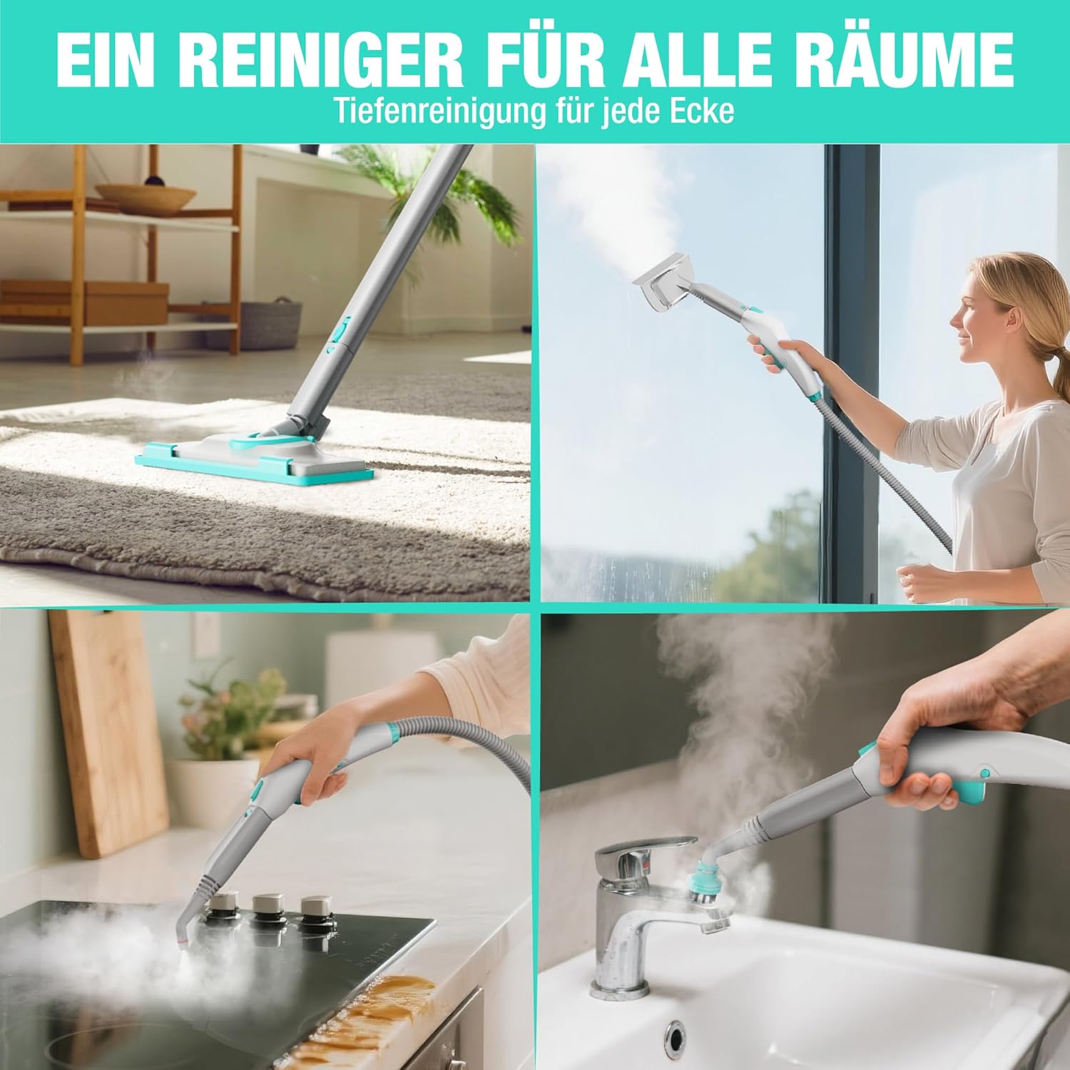 HAUSHOF Dampfreiniger 2000W, mit 1,5L Tank, max. 4,0 bar Dampfdruck, Aufheizzeit 8 Min, Dampfzeit bis zu 30 Min, inkl. 16 Zubehör & 3m Netzkabel, für Boden, Teppich, Fenster & Küche, Weiß-Grün