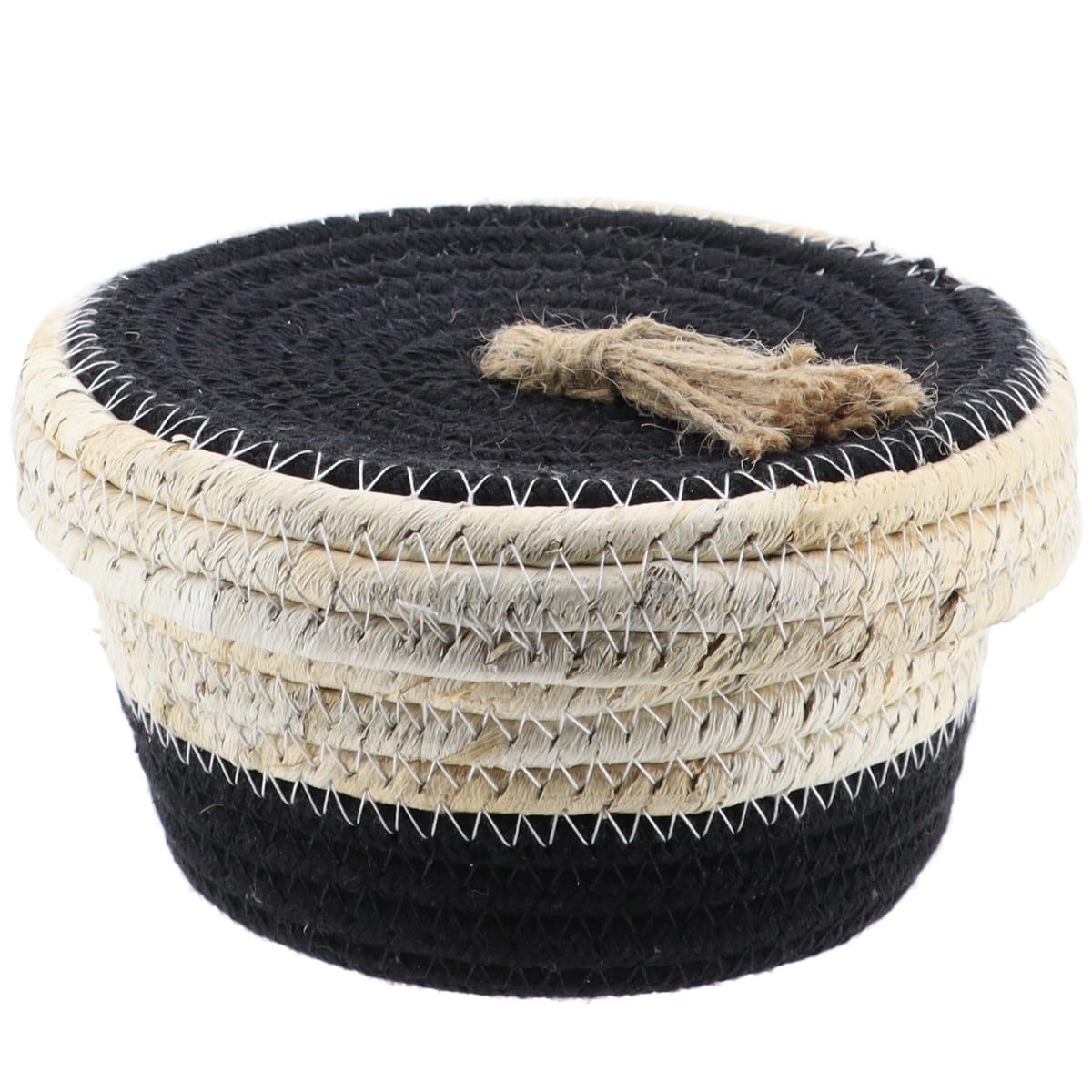 PANIER ROND COUVERCLE COTON MAIS 13X7.5CM NATUREL NOIR