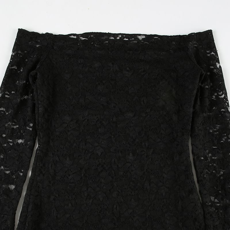 BrickBlack - Off-shoulder lange mouwen kanten bodycon mini-jurk