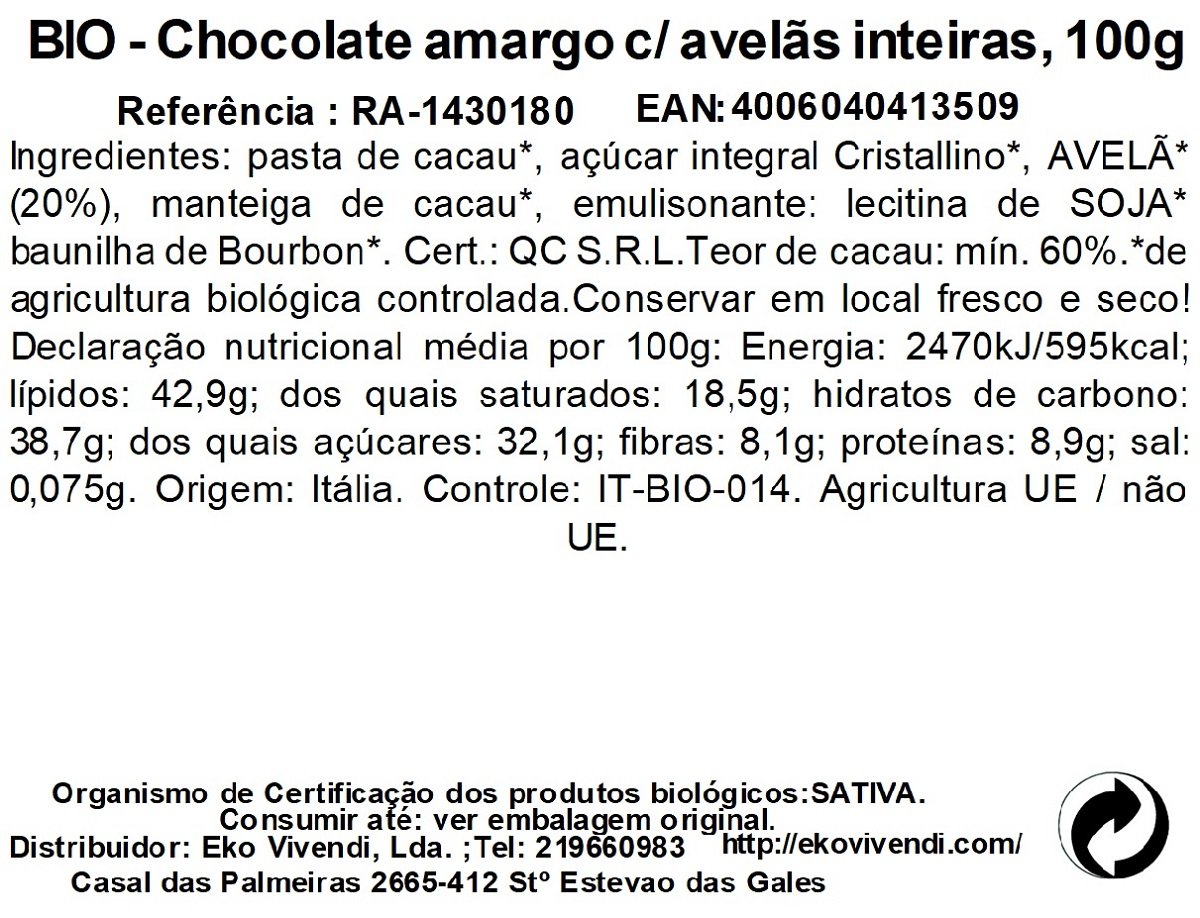 CHOCOLATE NEGRO RAPUNZEL SEMI-AMARGO AVELÃS BIO 100G