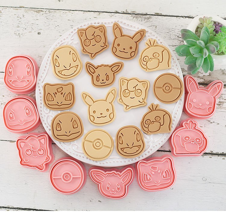 (8er Set) 2in1 Kunststoff Ausstechformen Keksausstecher mit Stempel - Pokémon 2