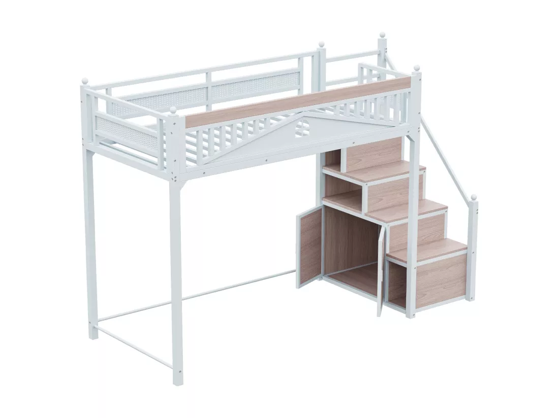 Lit mezzanine en métal 90x200cm - avec échelle de rangement - Blanc (matelas non inclus)
