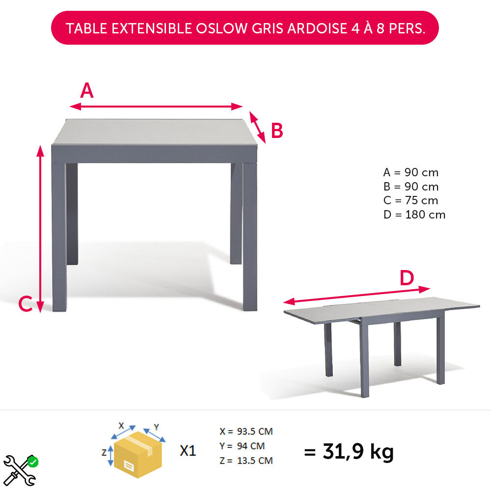 Table extensible Oslow gris ardoise 4 à 8 personnes