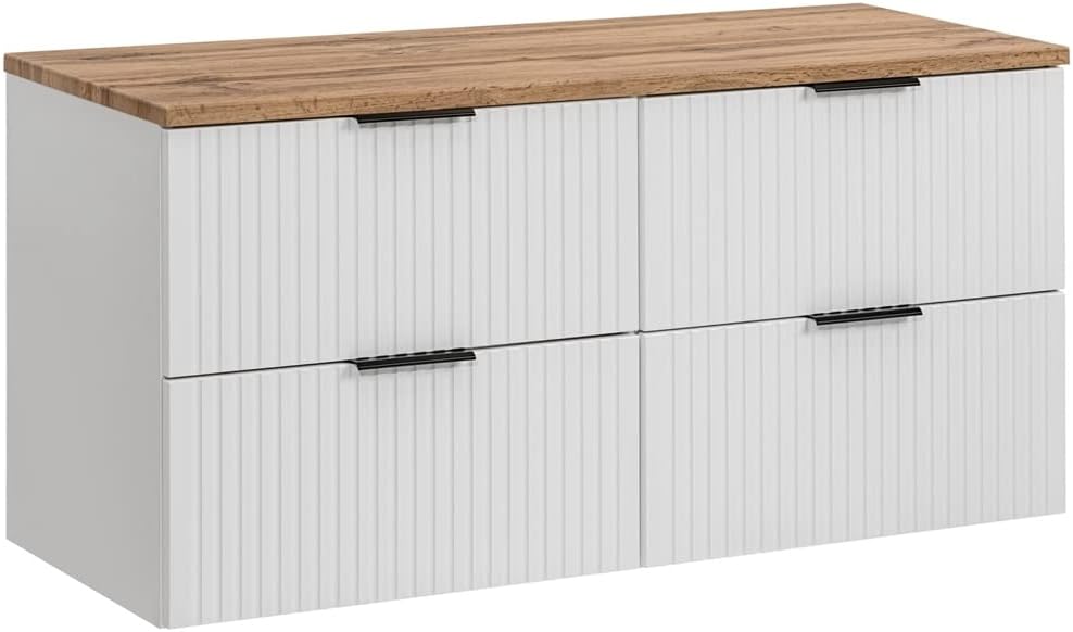 Lomadox Badmöbel Waschtisch-Unterschrank 120 cm weiß matt mit gerilllter Front, Wotaneiche, Waschbecken Badschrank mit 4 Softclose-Auszügen, B/H/T 120,6/59,2/46,5 cm