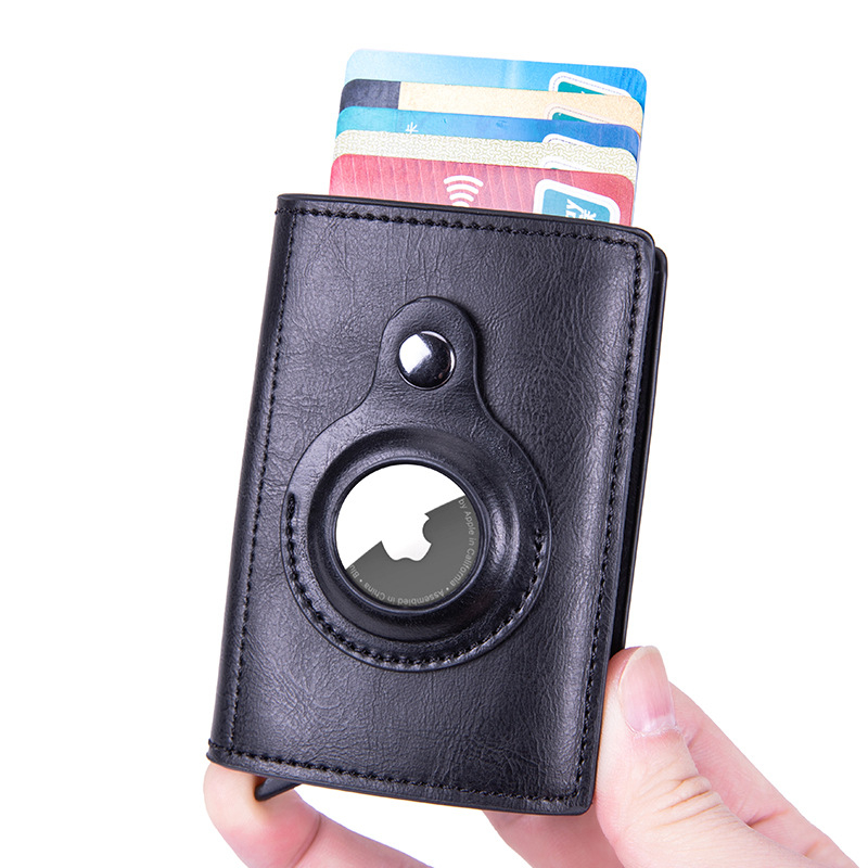 Apple AirTag Wallet Mini Kreditkarten Portemonnaie Leder Geldbörse mit Kartenauswurf-Mechanismus für 10 Karten - Schwarz
