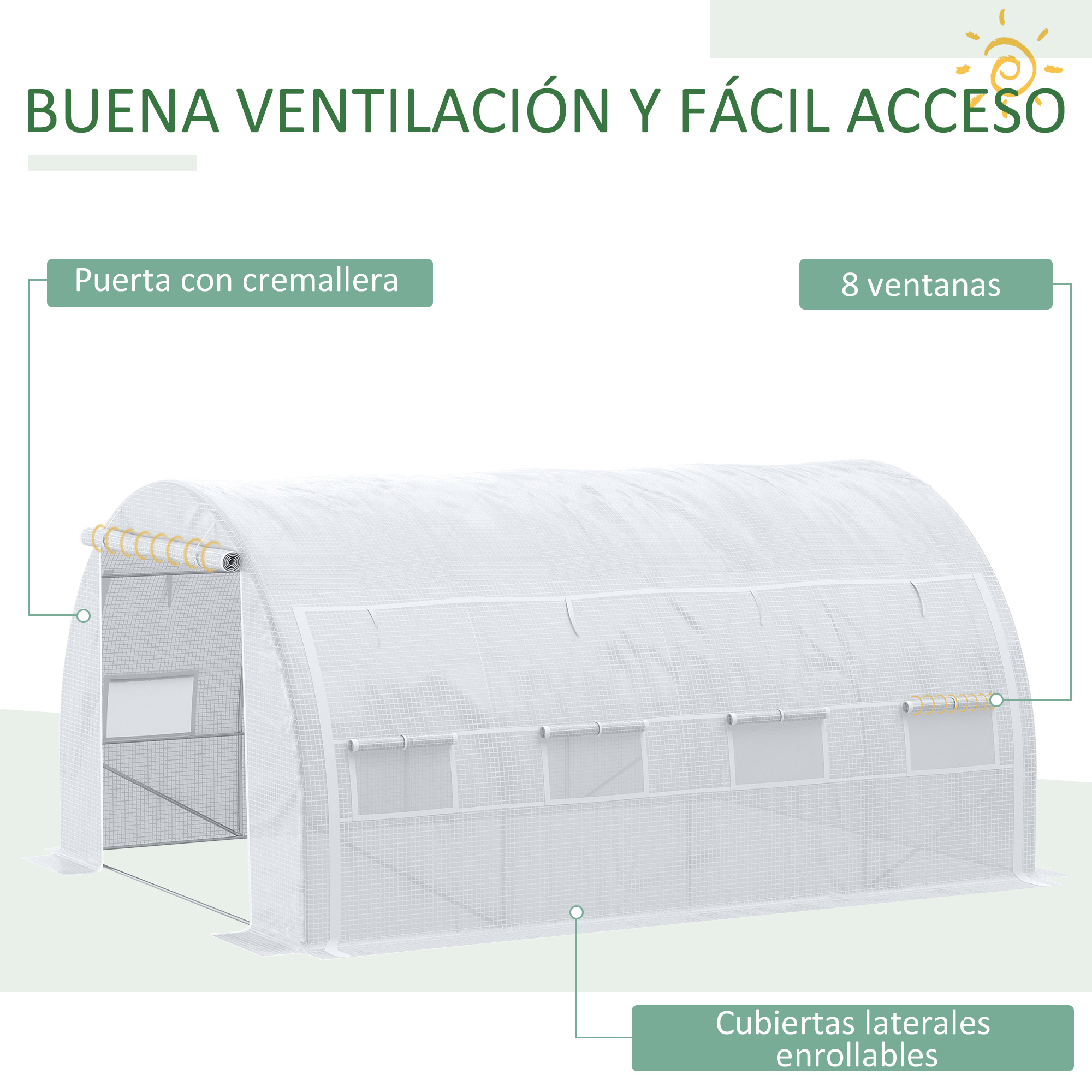 Estufa de jardim Outsunny Tunnel, 4x3x2 m, com porta e 8 janelas de enrolar, fabricada em polietileno de 140 g/m² e aço galvanizado, para cultivo de plantas e flores, branca.