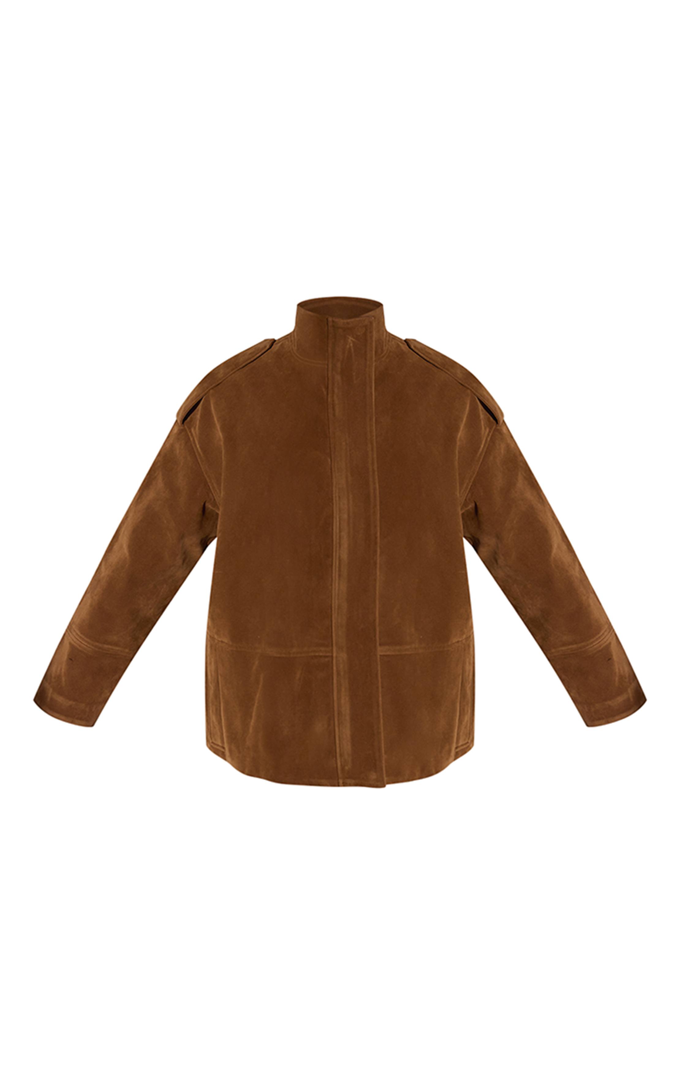 Marron Veste Longue En Daim À Col Montant Et Patte De Boutonnage Dissimulée