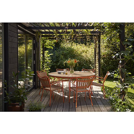Kerteminde Ø150 teak havemøbelsæt med 6 stole - teak/ orange stel