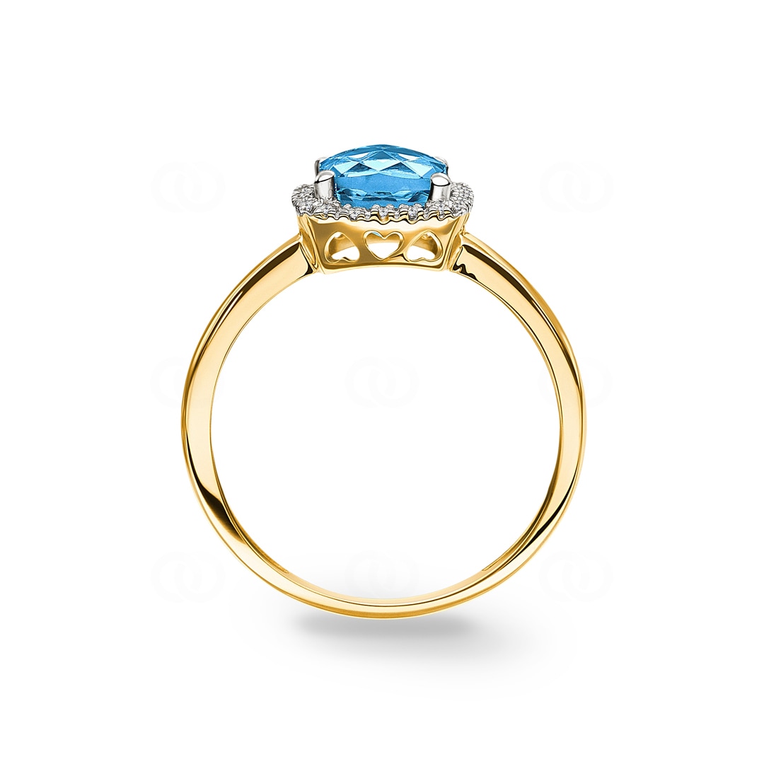 Damenring 750/18 K Gelbgold mit Blautopas Kissen und Diamanten 0.06 ct H/si
