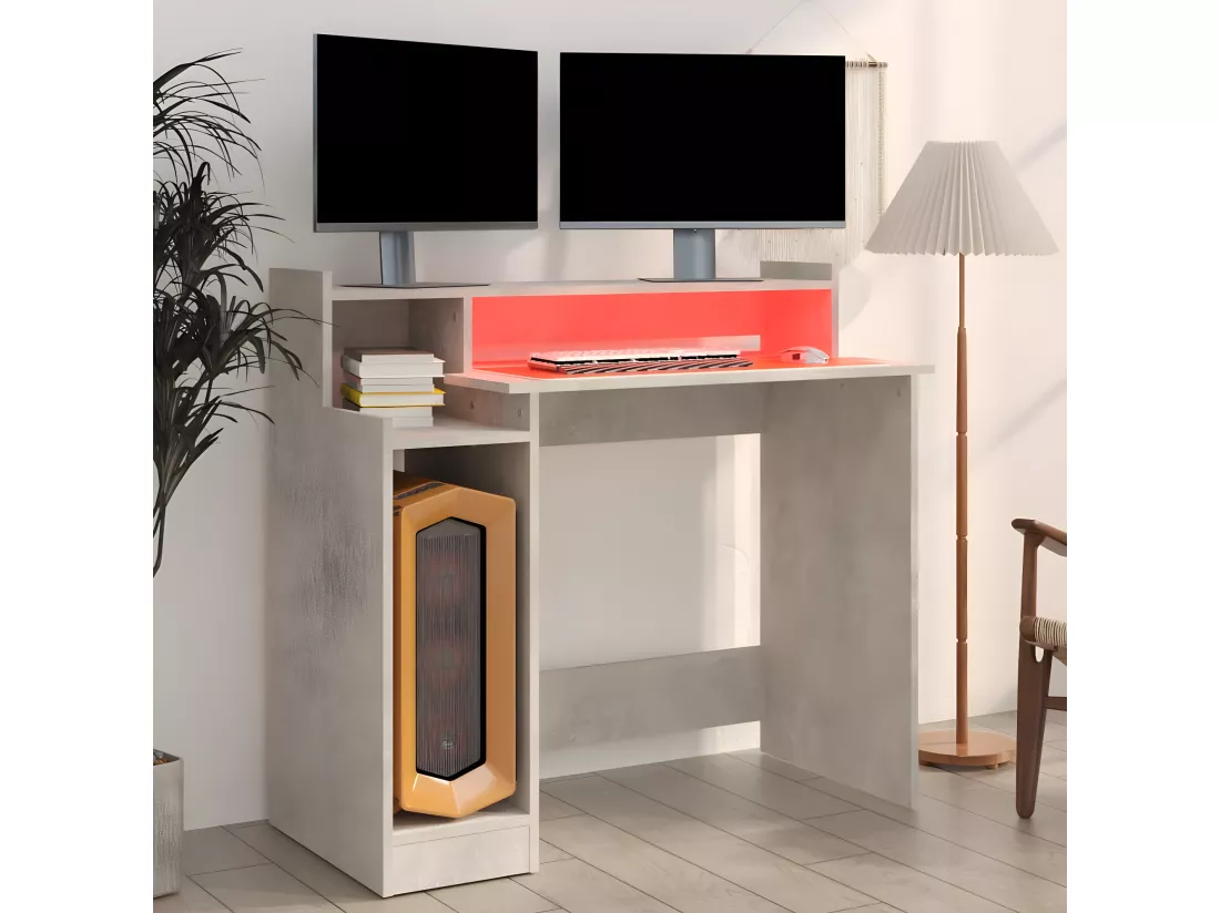 Bureau et lumières LED Gris béton 97x45x90 cm Bois d'ingénierie