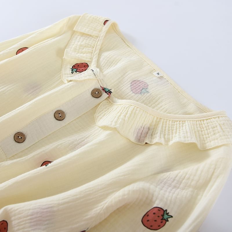 Dogini - Midi-pyjamajurk met pofmouwen en aardbeienprint