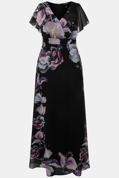 Maxikleid, Chiffon, Blüten, A-Linie, V-Ausschnitt, Ärmel-Volant