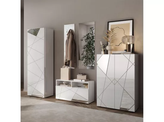 ORIANA - Penderie 2 portes avec 2 étagères Blanc Laqué avec Sérigraphies et Miroirs