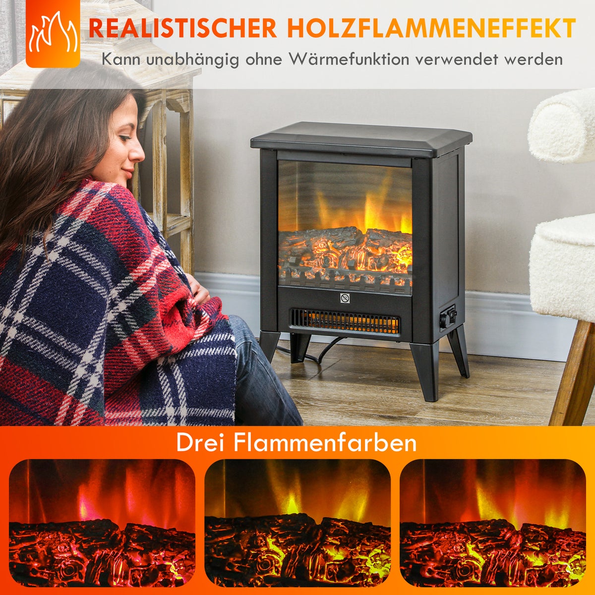HOMCOM Elektrische haard met verwarming, LED-vlameffect, vrijstaande haard van 1800 W met laag geluidsniveau, oververhittingsbeveiliging voor woonkamer en slaapkamer, zwart